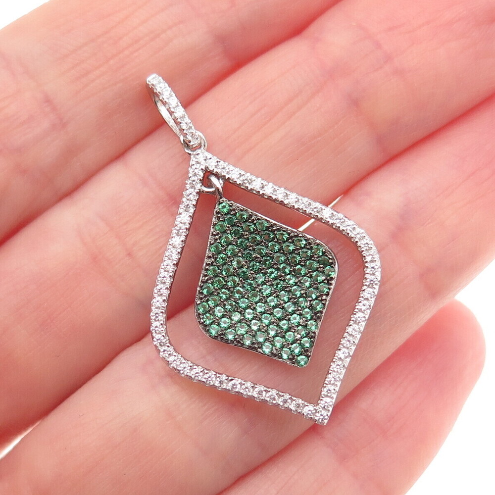 925 Sterling Silver Round-Cut Green & White C Z Petal Charm Pendant